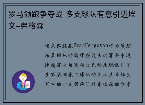罗马领跑争夺战 多支球队有意引进埃文-弗格森