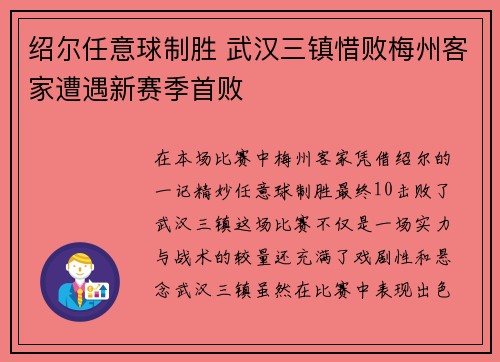 绍尔任意球制胜 武汉三镇惜败梅州客家遭遇新赛季首败