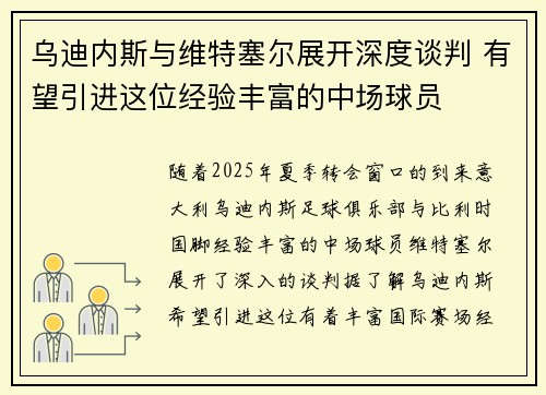 乌迪内斯与维特塞尔展开深度谈判 有望引进这位经验丰富的中场球员