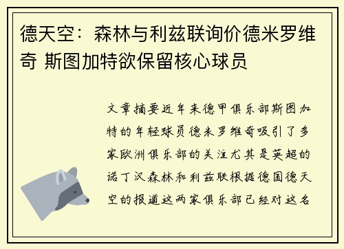 德天空：森林与利兹联询价德米罗维奇 斯图加特欲保留核心球员